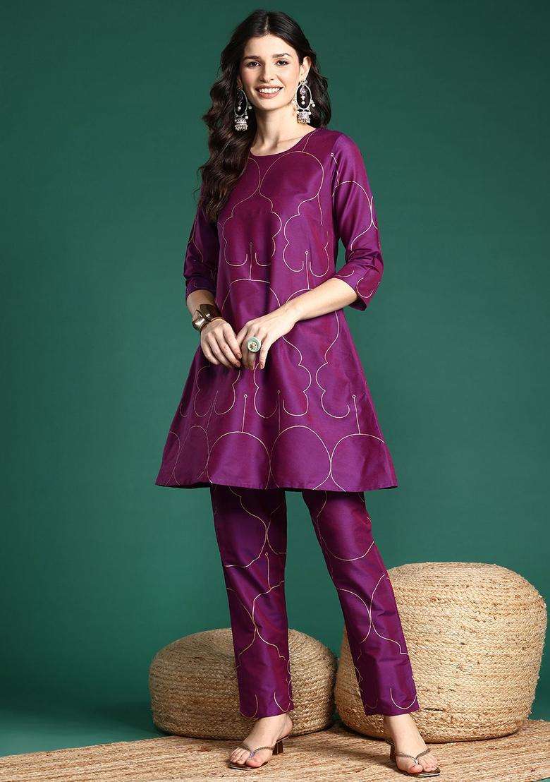 Purple Printed Polyester Kurta Set - Indya