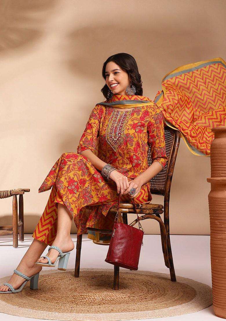 Mustard Embroidered Cotton Kurta Set - Indya