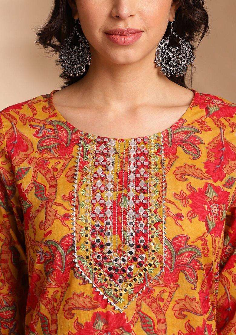 Mustard Embroidered Cotton Kurta Set - Indya