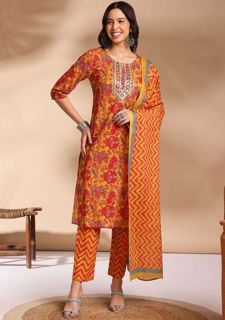 Mustard Embroidered Cotton Kurta Set - Indya