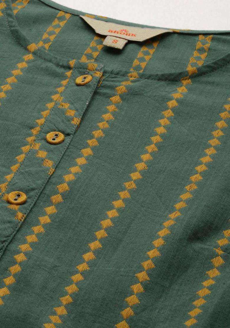 Green Woven Design Cotton Kurta Set - Indya