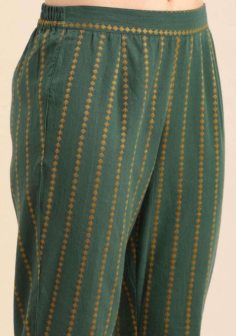 Green Woven Design Cotton Kurta Set - Indya