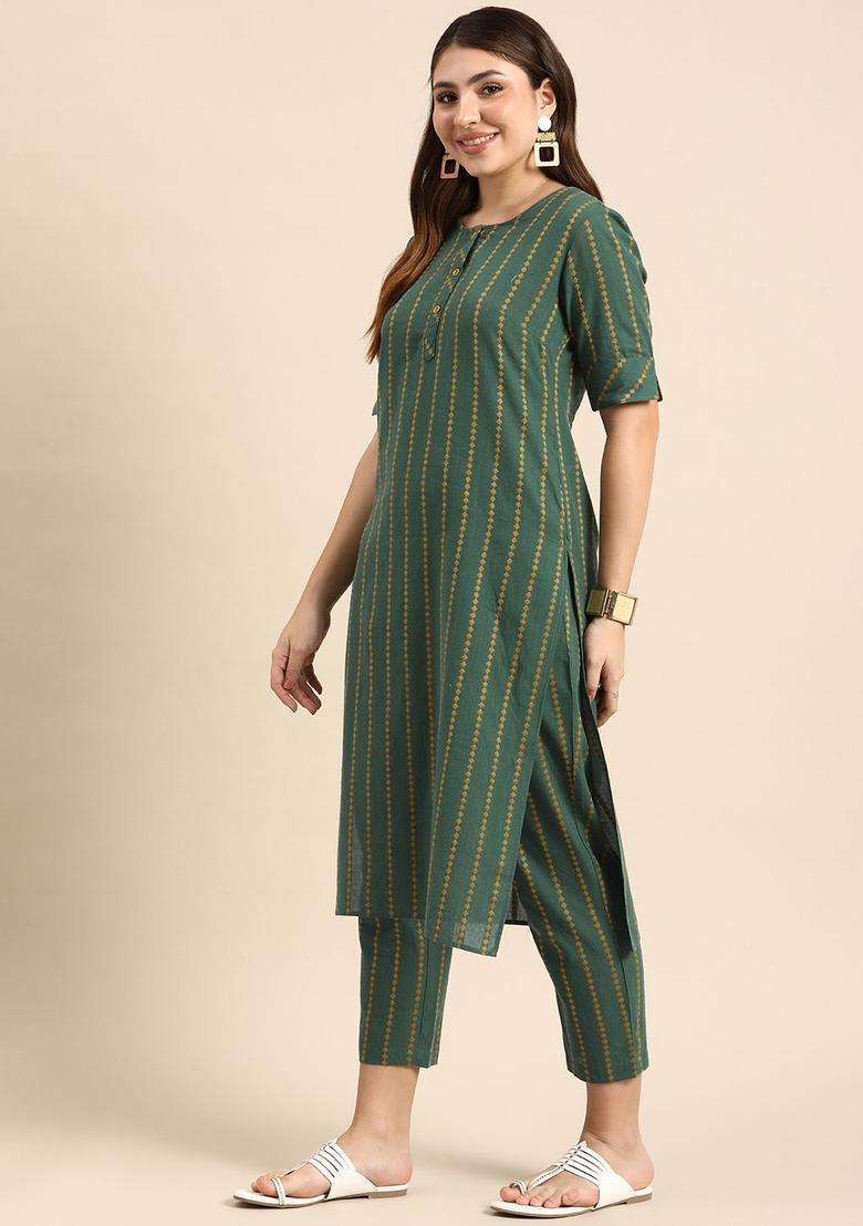 Green Woven Design Cotton Kurta Set - Indya