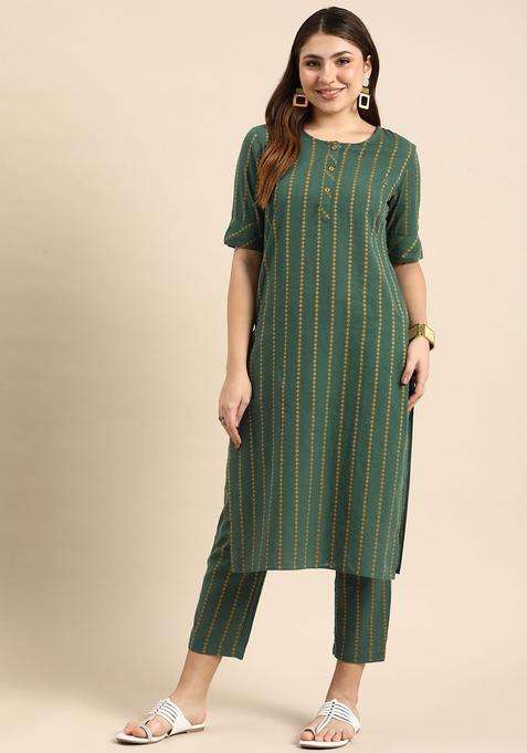 Green Woven Design Cotton Kurta Set