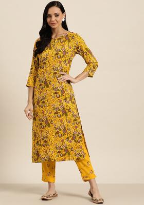 Mustard Printed Viscose Kurta Set
