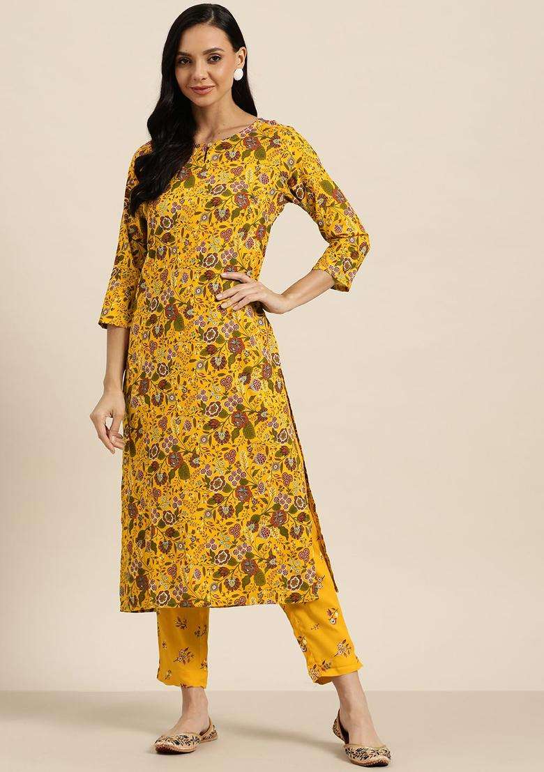 Mustard Printed Viscose Kurta Set - Indya
