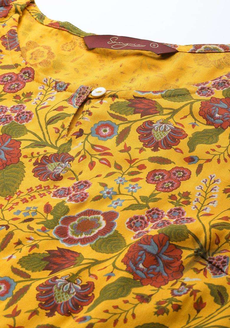 Mustard Printed Viscose Kurta Set - Indya