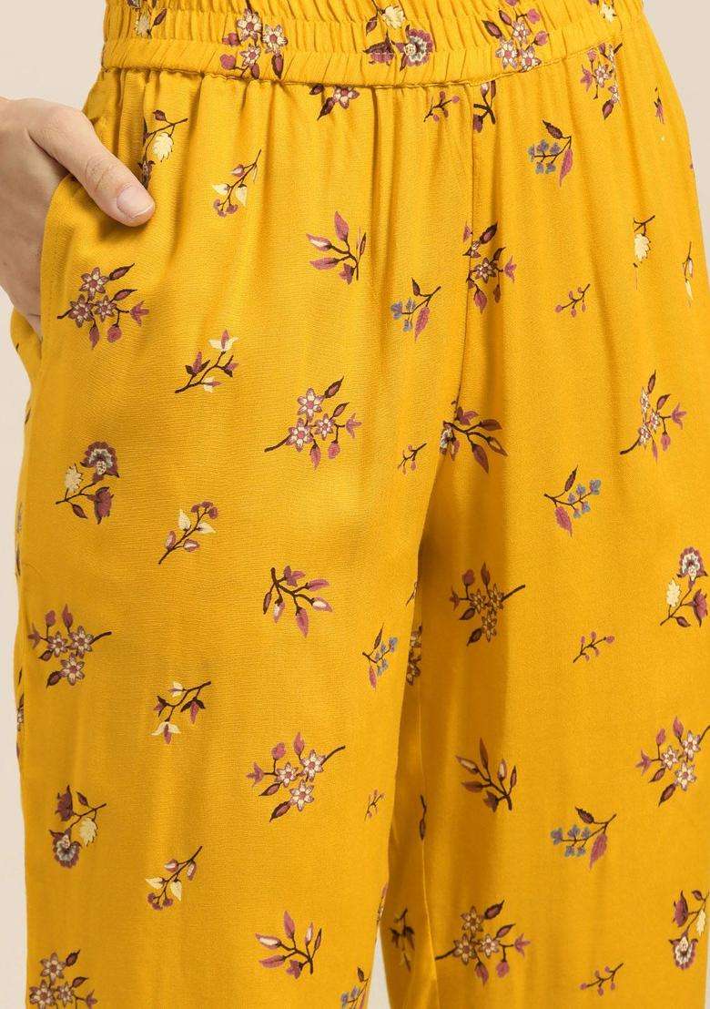 Mustard Printed Viscose Kurta Set - Indya