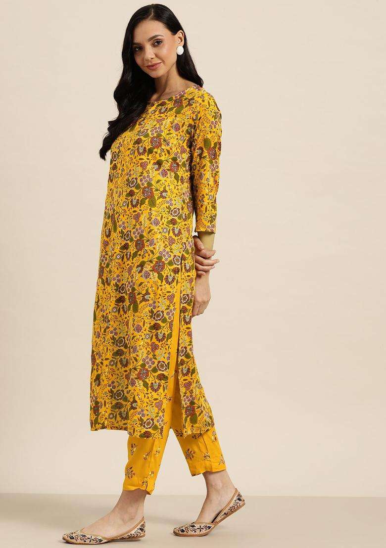 Mustard Printed Viscose Kurta Set - Indya