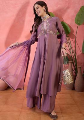 Lavender Yoke Design Silk Blend Anarkali Set