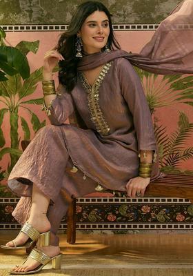 Mauve Embroidered Silk Blend Kurta Set