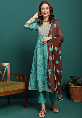 Turquoise Blue Printed Cotton Anarkali Set