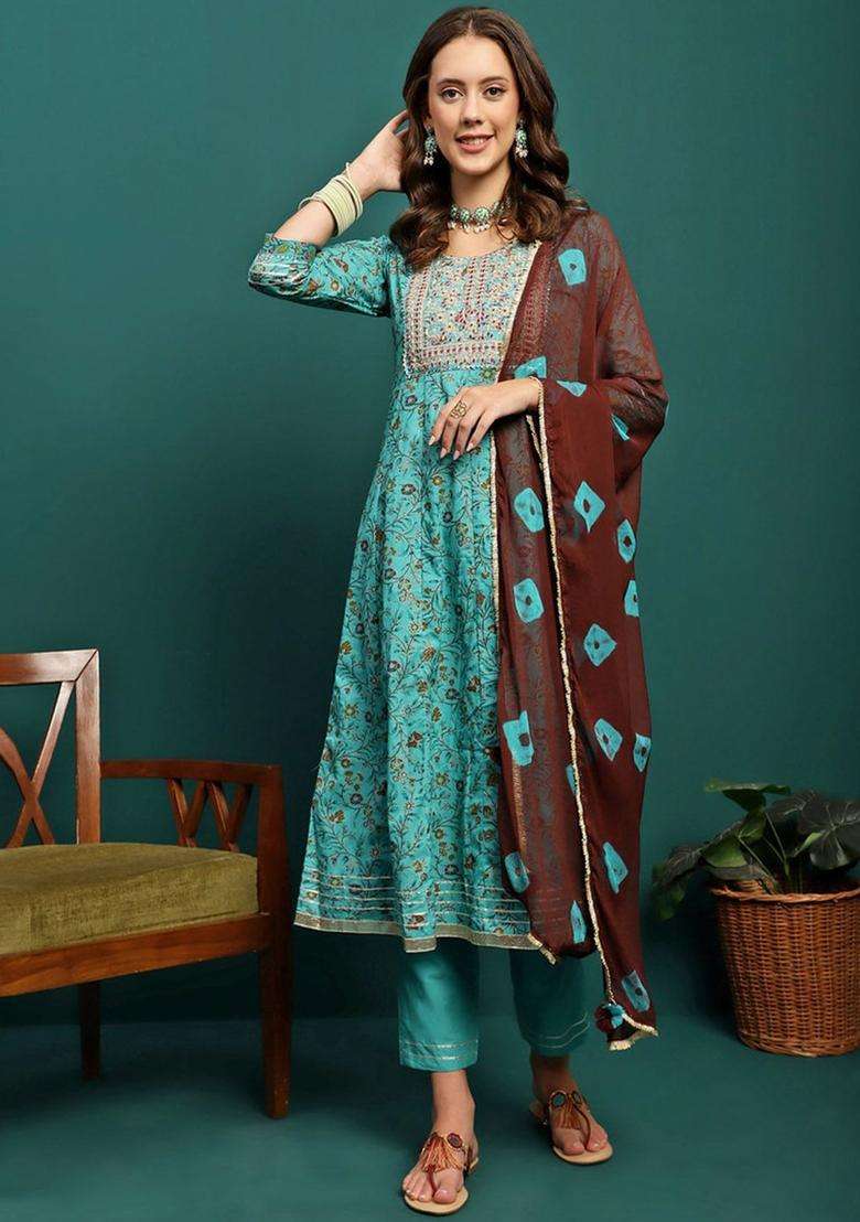 Turquoise Blue Printed Cotton Anarkali Set - Indya
