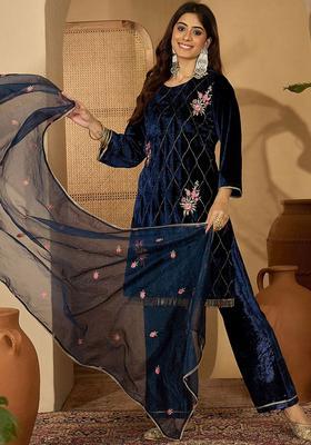 Blue Embroidered Velvet Kurta Set
