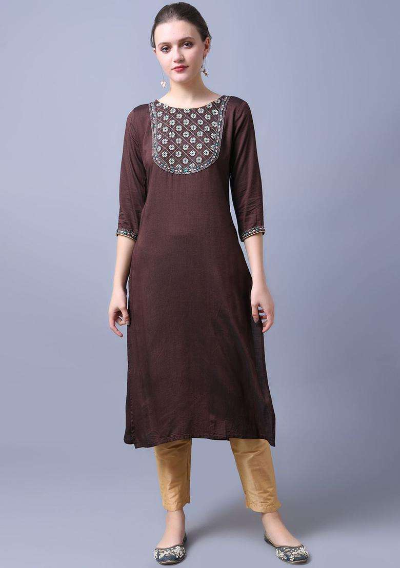 Brown  Blended Kurta - Indya