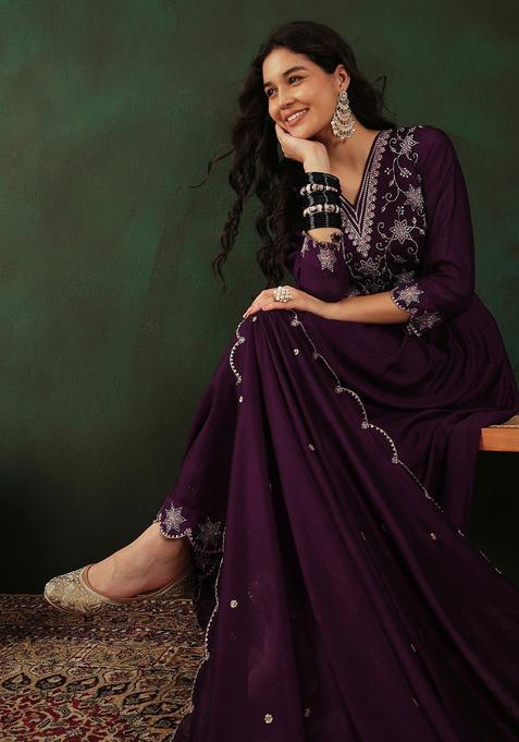 Magenta Embroidered Silk Anarkali Set — view on Indya