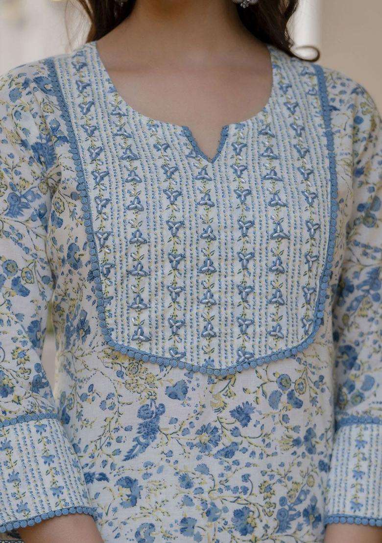 Blue Printed Cotton Kurta Set - Indya