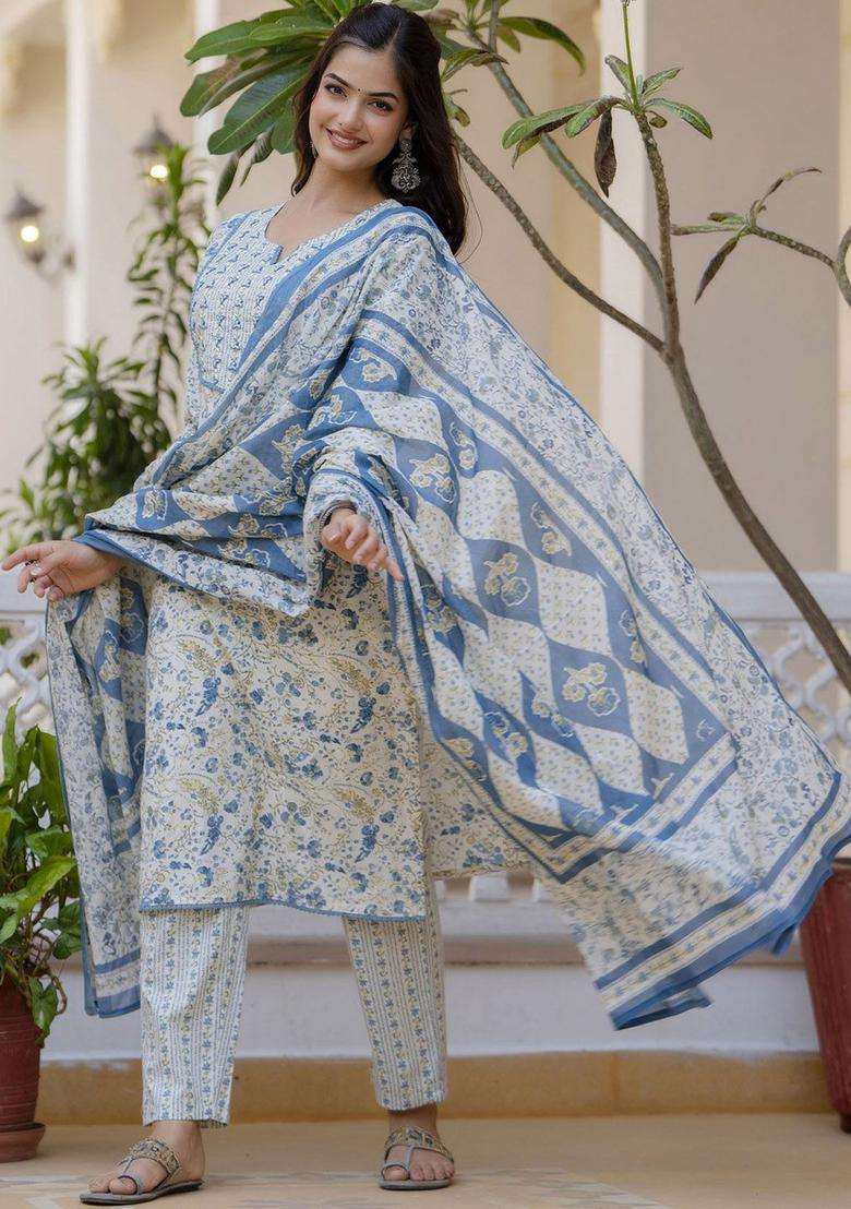 Blue Printed Cotton Kurta Set - Indya