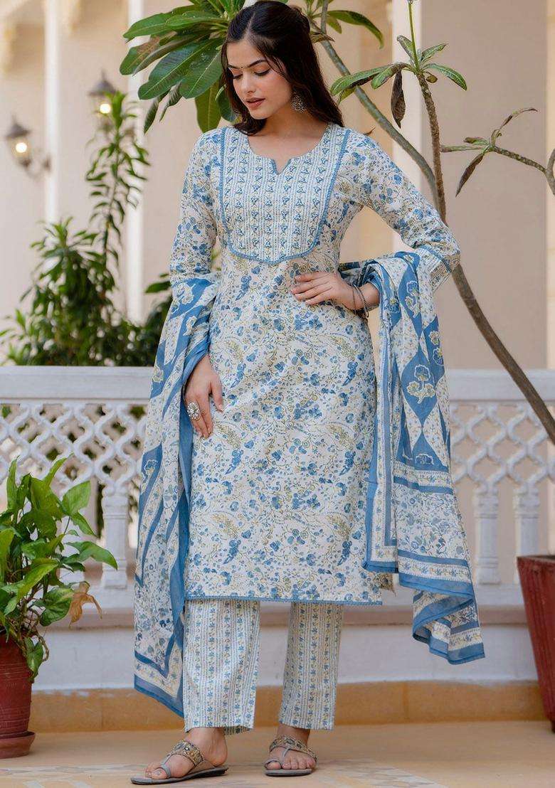 Blue Printed Cotton Kurta Set - Indya