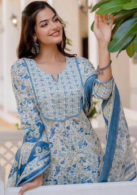 Blue Printed Cotton Kurta Set