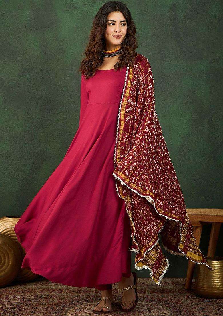Maroon Solid Viscose Anarkali Set - Indya