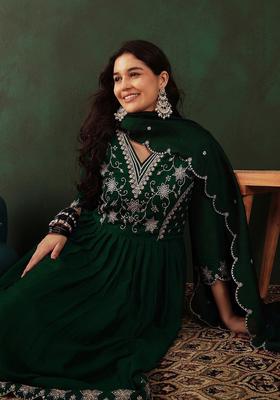 Green Embroidered Silk Anarkali Set