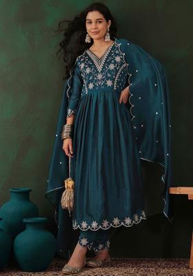 Teal Embroidered Silk Blend Anarkali Set