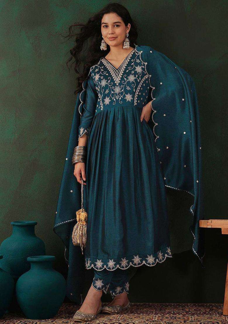Teal Embroidered Silk Blend Anarkali Set - Indya