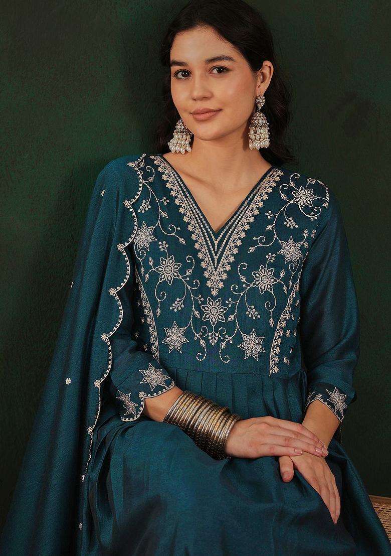 Teal Embroidered Silk Blend Anarkali Set - Indya