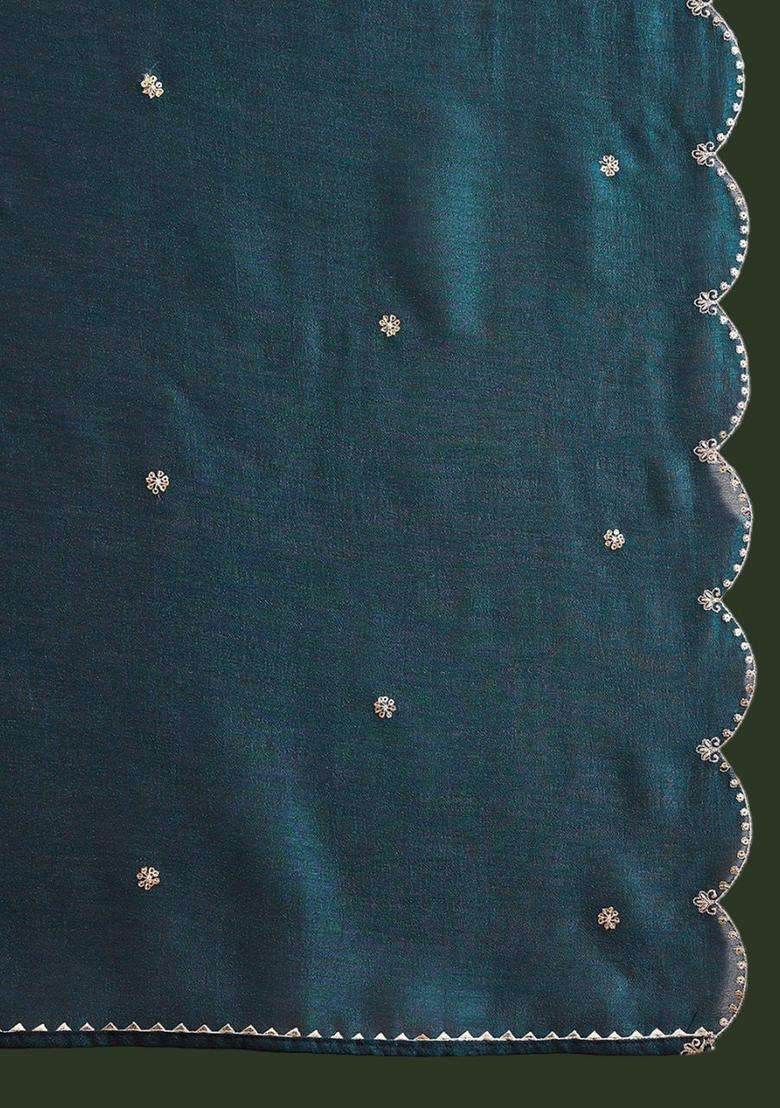 Teal Embroidered Silk Blend Anarkali Set - Indya