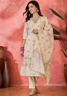 Cream Printed Silk Kurta Set