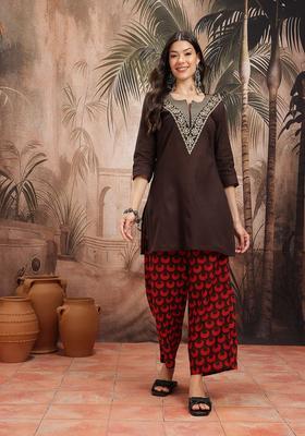 Brown Yoke Design Cotton Kurta Set