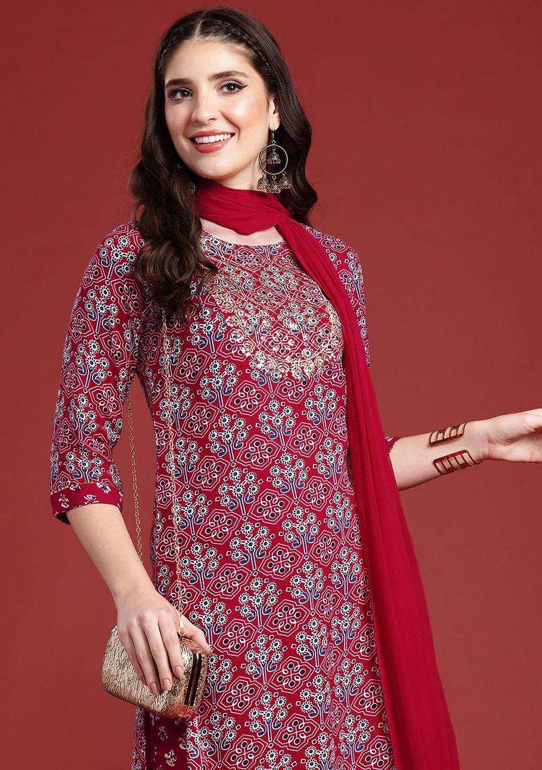 Pink Printed Viscose Kurta Set - Indya