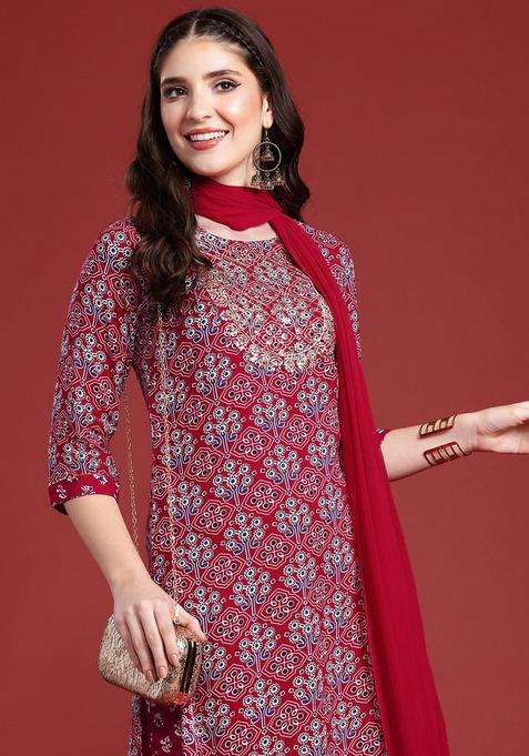 Pink Printed Viscose Kurta Set