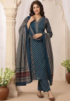 Teal Printed Cotton Kurta Set