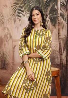 Olive Printed Cotton Kurta Set