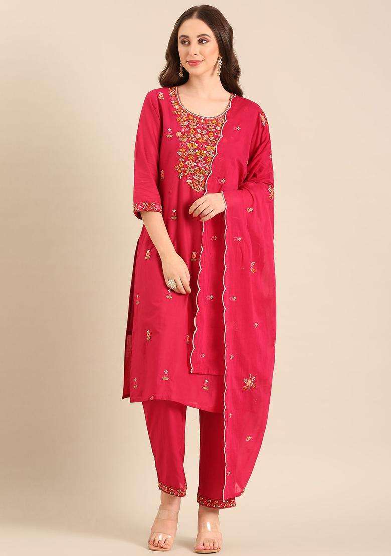 Red Embroidered Cotton Kurta Set - Indya