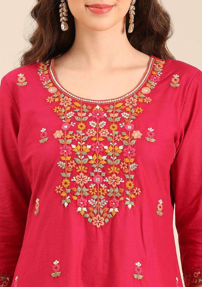 Red Embroidered Cotton Kurta Set - Indya