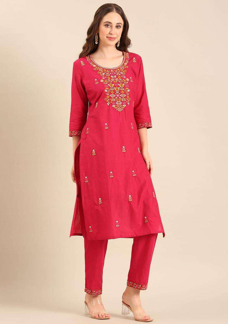 Red Embroidered Cotton Kurta Set - Indya