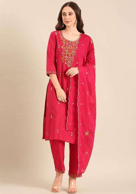 Red Embroidered Cotton Kurta Set