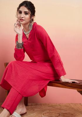 Red Solid Cotton Kurta Set