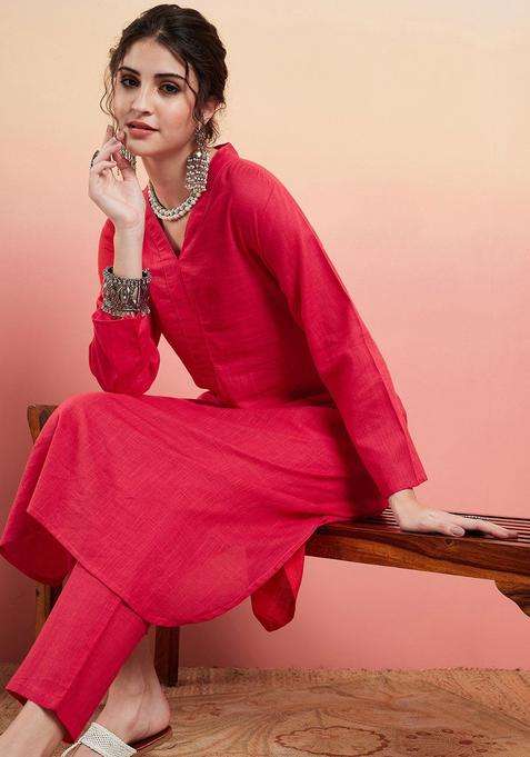 Red Solid Cotton Kurta Set