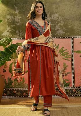 Rust Embroidered Cotton Kurta Set