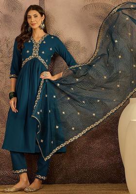 Blue Embroidered Crepe Kurta Set