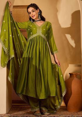 Green Embroidered Silk Anarkali Set