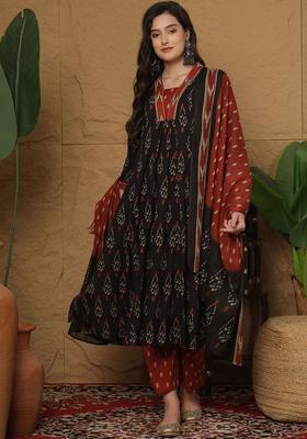 Black Printed Cotton Anarkali Set
