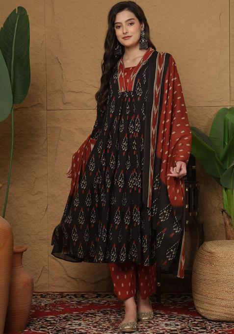Black Printed Cotton Anarkali Set — view on Indya