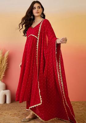 Red Printed Georgette Kurta Set
