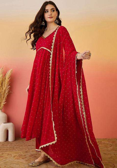 Red Printed Georgette Kurta Set