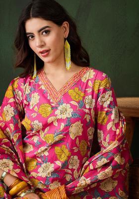 Pink Printed Cotton Kurta Set